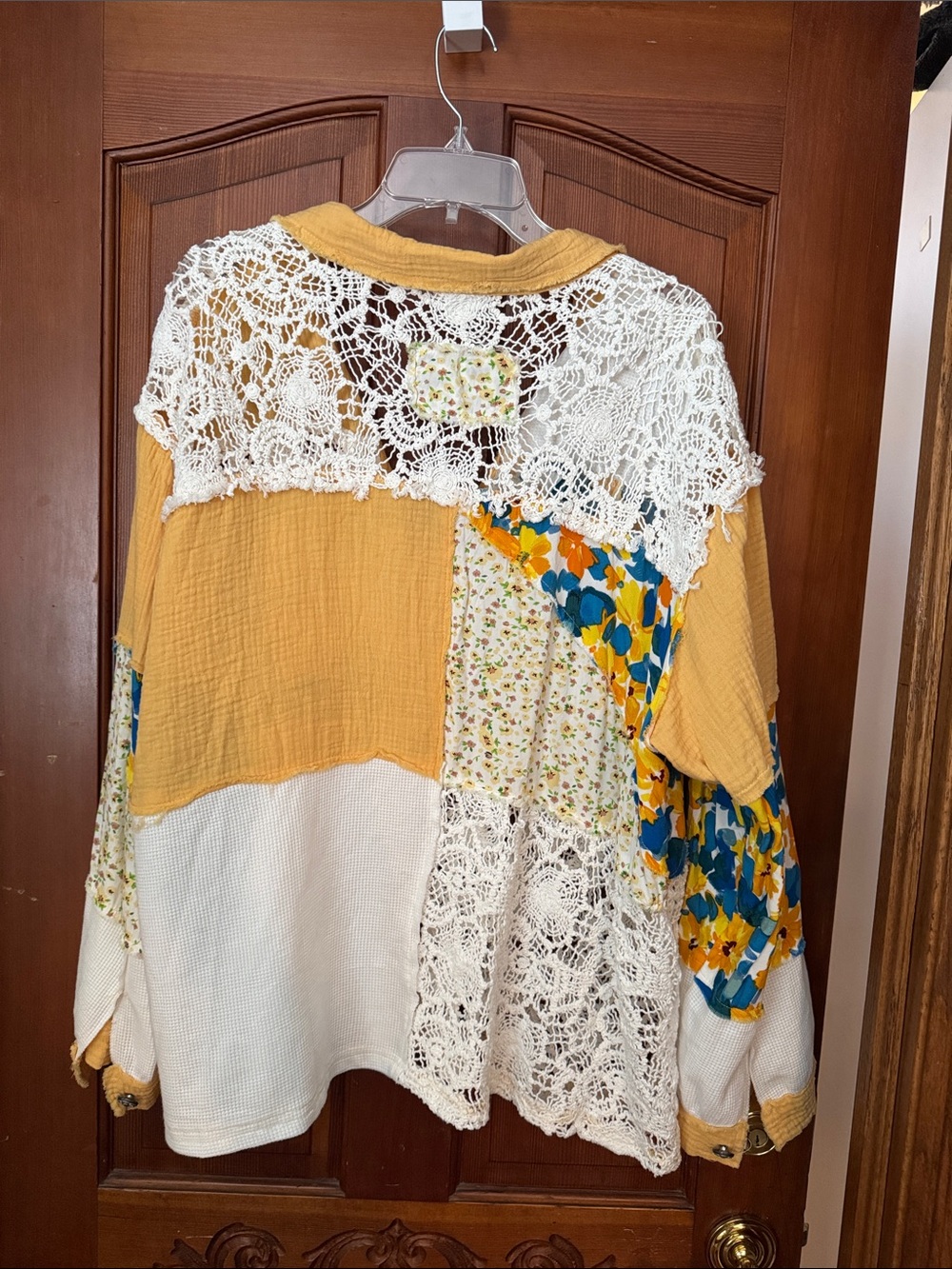 POL Patchwork Crochet Button-Down Shirt - Mustard, White & Blue Floral - Picture 5 of 6